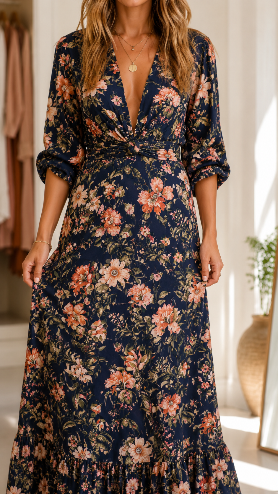Close-up of navy floral maxi dress showing deep V neckline and waist ruching