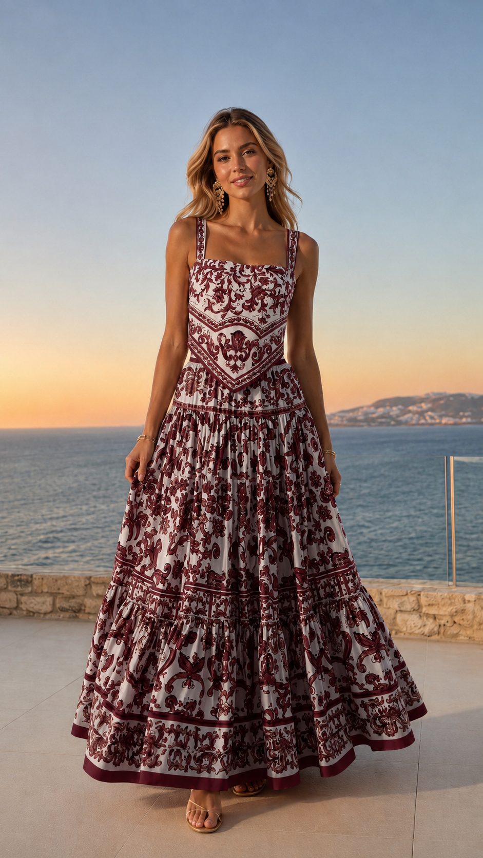 Front view of burgundy printed tiered maxi dress