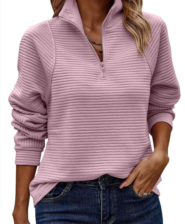 Zipper Stand Collar Pullover Sweatshirt Fashion Solid Striped Long Sleeve Top Spring And Autumn Women's Clothing