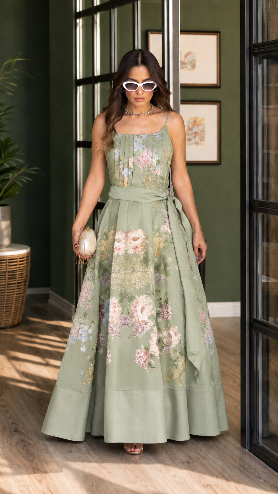 Grey Floral Tie-Waist Maxi Dress