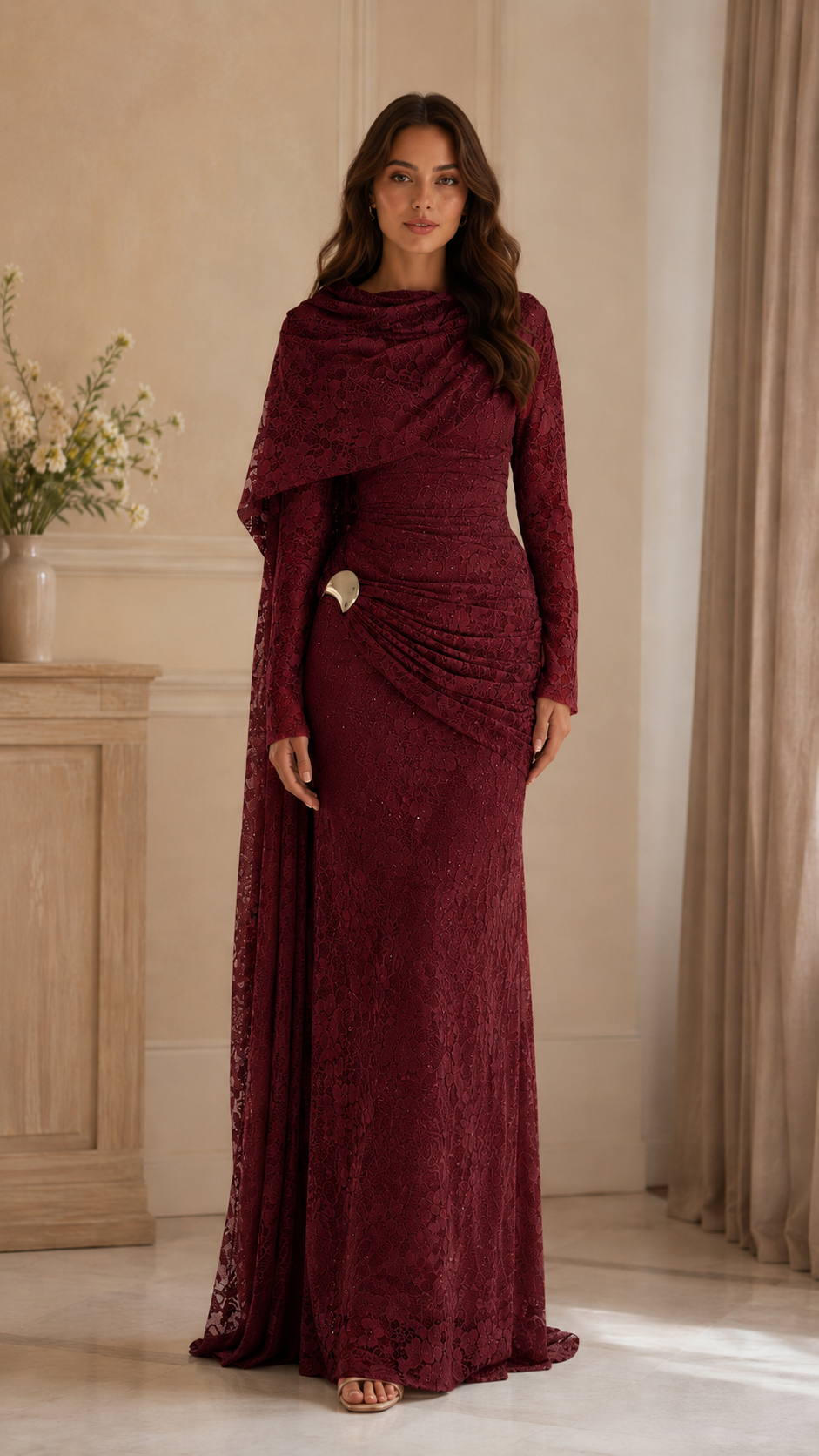 Lace Embellished Cape Sleeve Evening Gown