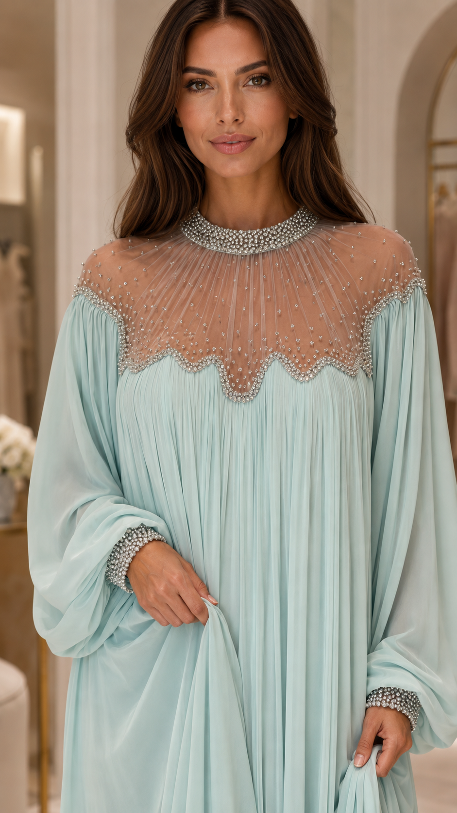 Celeste Pearl Beaded Chiffon Maxi Gown