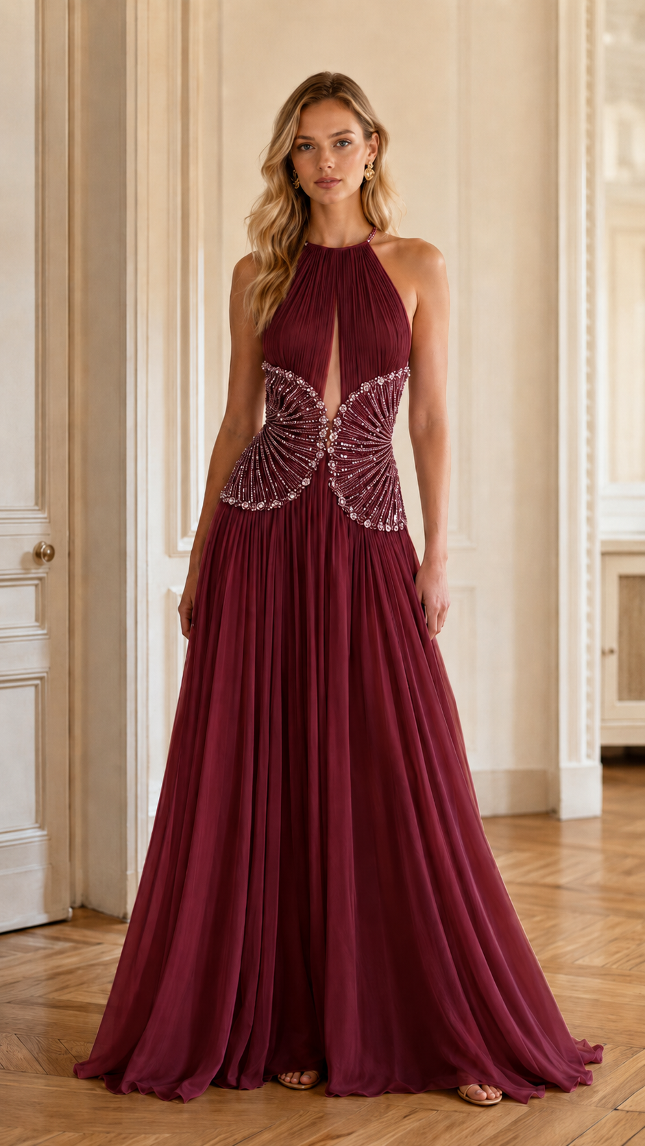 Champagne Beaded Halter Evening Gown