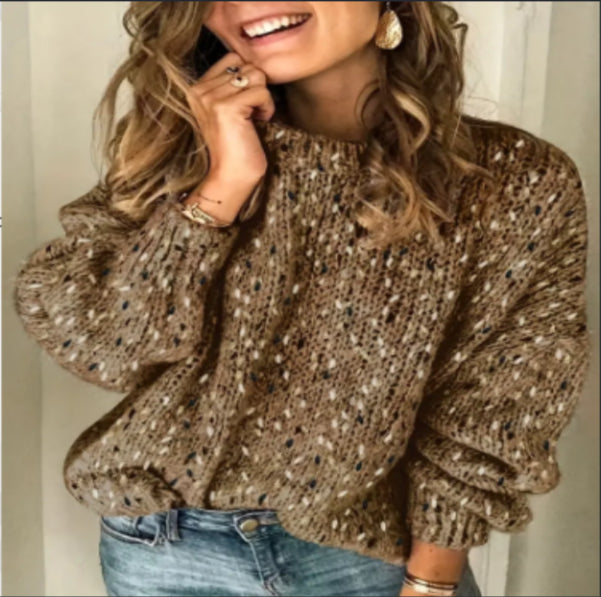 Winter Polka Dot Pullover Knitted Sweater Fashion Solid Color Loose Long Sleeve Top Women's Clothing