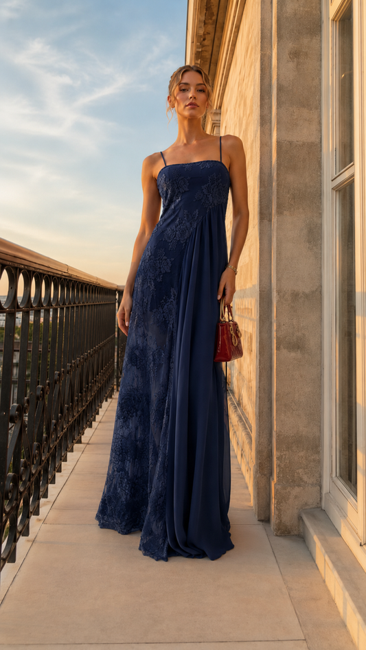 Model wearing navy lace overlay spaghetti strap maxi evening dress