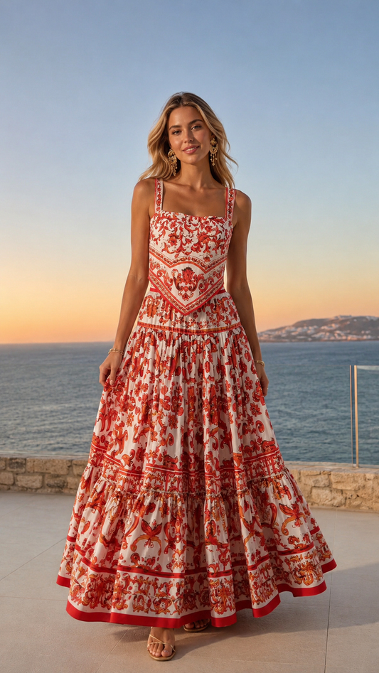 Front view of red and white printed square-neck tiered maxi dress