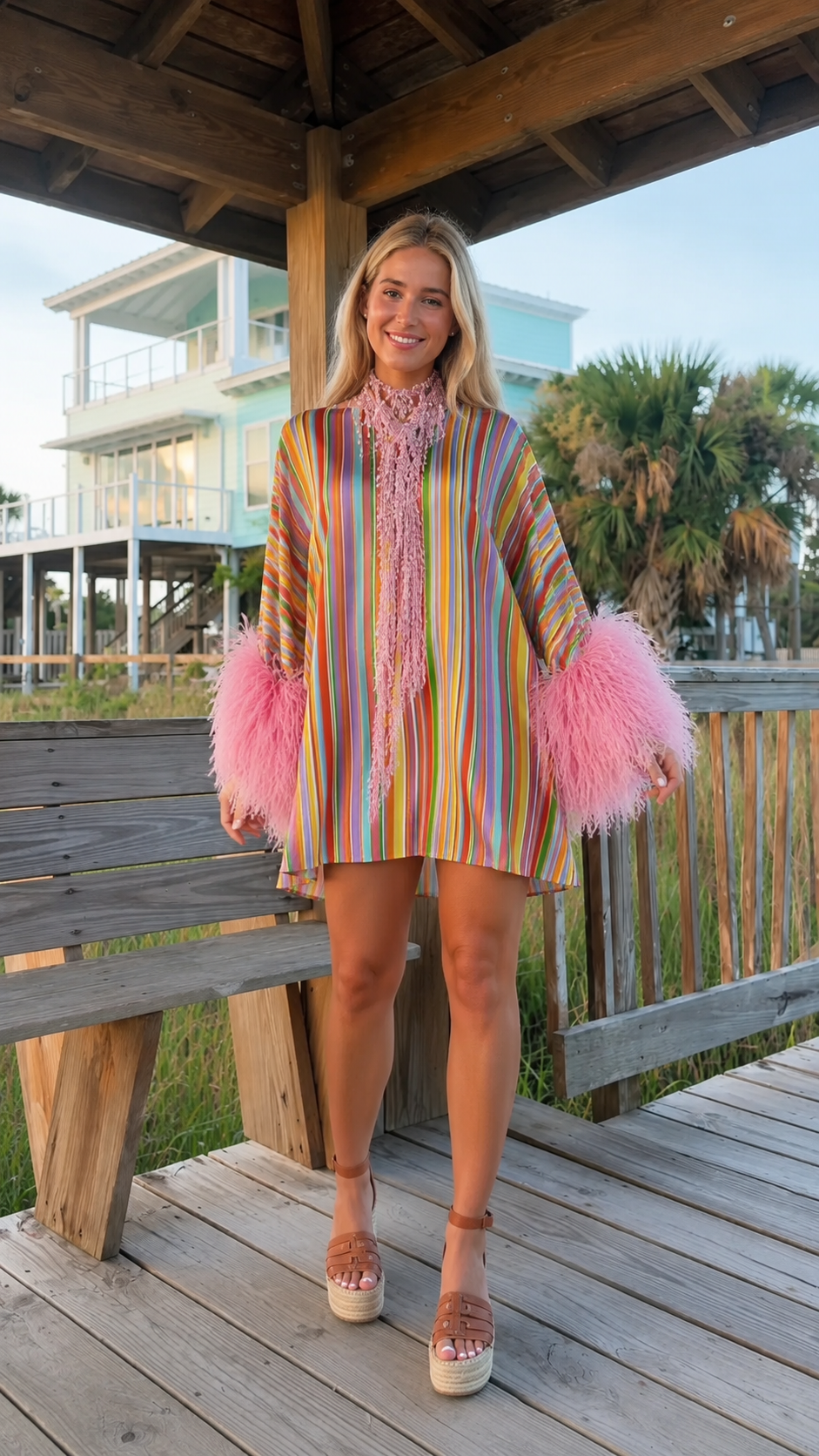 Front view of multicolor striped shift mini dress with pink ruffle tie neck and pink feather-look cuffs