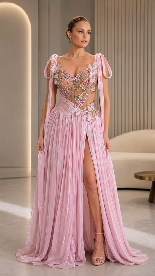 Blush pink embroidered evening gown with sheer floral bodice and high slit front view