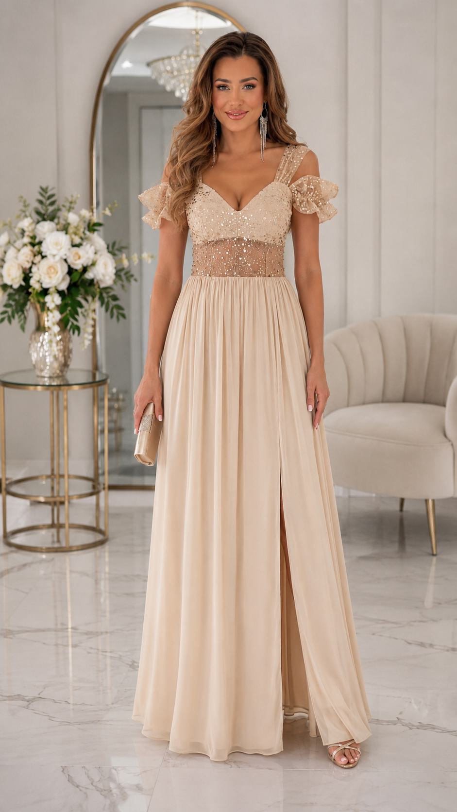Champagne sequin bodice cold shoulder maxi evening dress with front slit