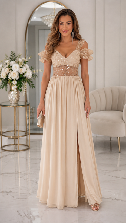 Champagne sequin bodice cold shoulder maxi evening dress with front slit