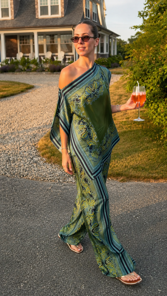 Model wearing olive green printed one-shoulder poncho top with matching wide leg pants front view