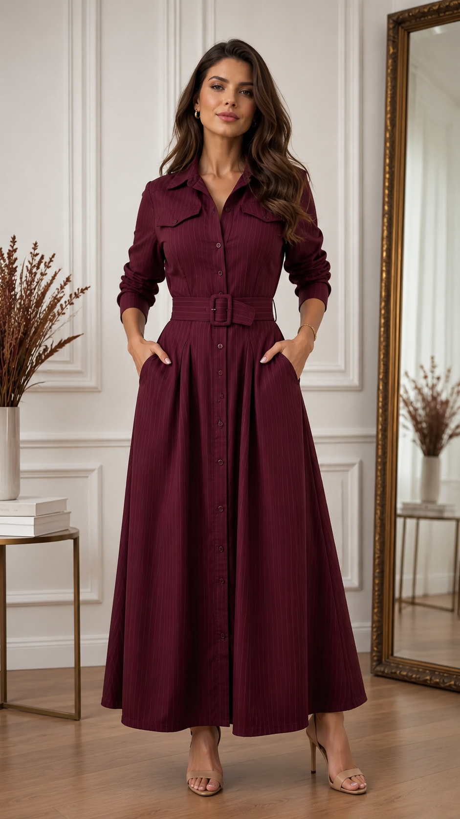 Burgundy belted long sleeve maxi shirt dress with button front and pockets