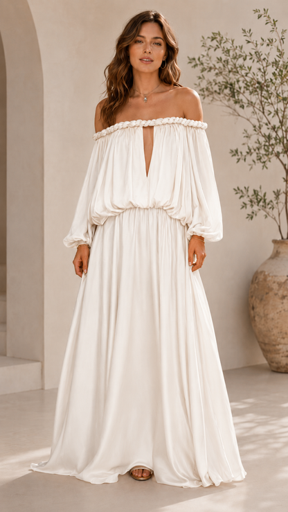 Front view of ivory off shoulder plunge maxi dress with long balloon sleeves