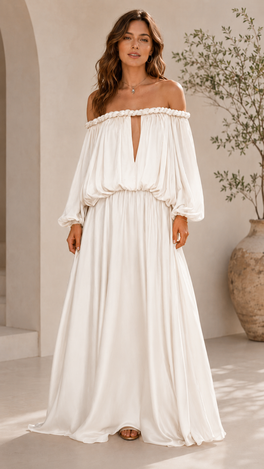 Front view of ivory off shoulder plunge maxi dress with long balloon sleeves