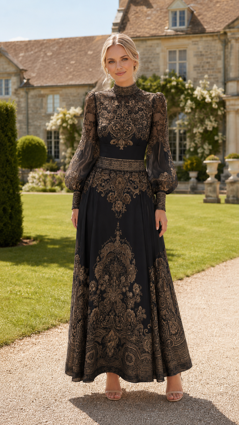 Front view of black high neck maxi dress with ornate gold-toned baroque print and sheer puff sleeves