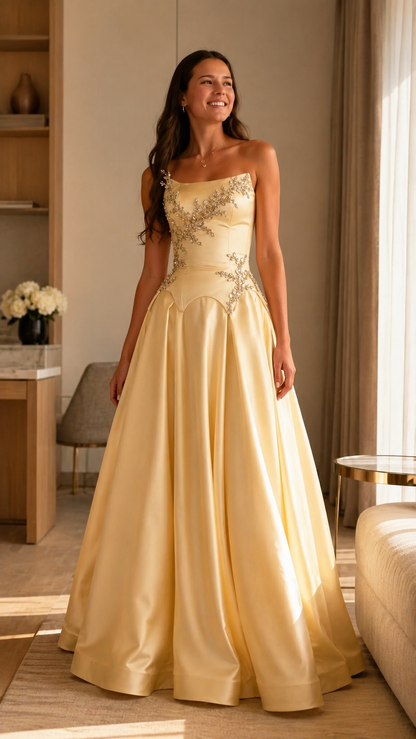 Champagne strapless satin-look ball gown with embellished bodice front view