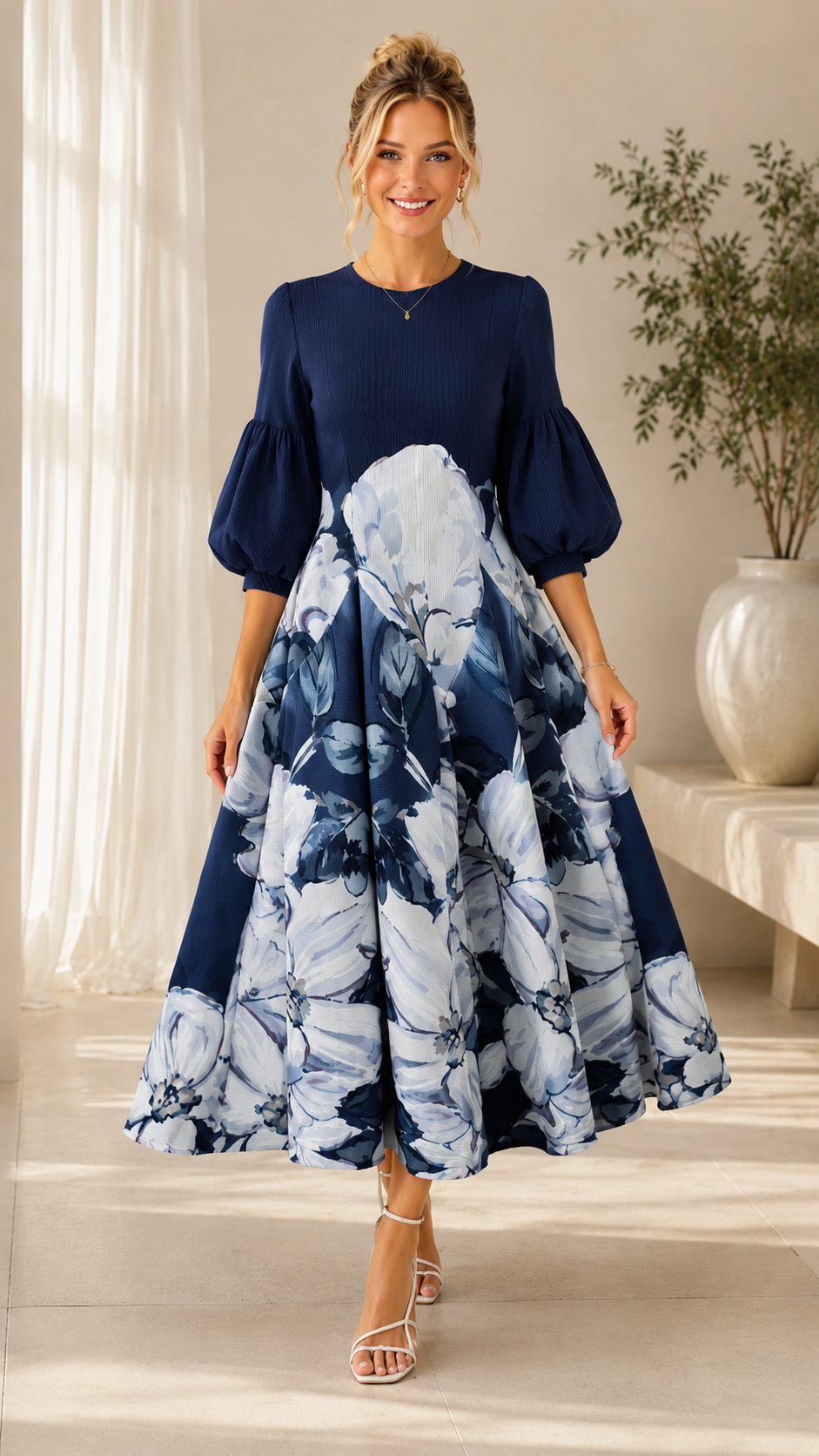 Navy floral puff sleeve full skirt dress front view