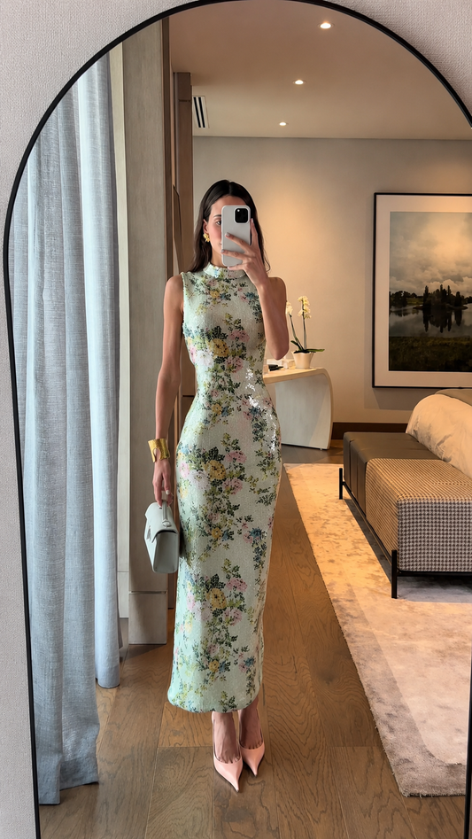 Front view of mint floral sleeveless fitted long dress