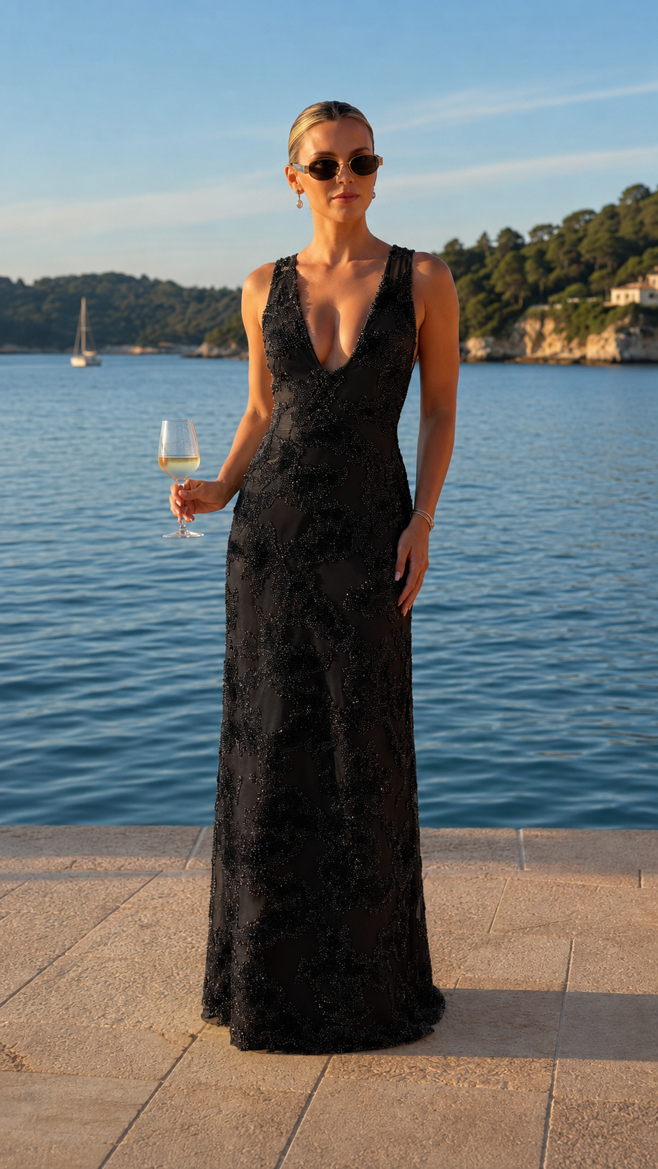 Front view of black deep V-neck embellished lace maxi evening dress
