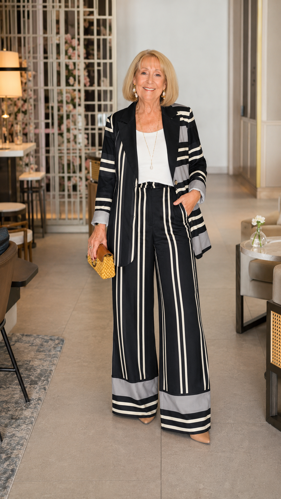 Woman wearing a black striped longline blazer with matching wide-leg pants and white top