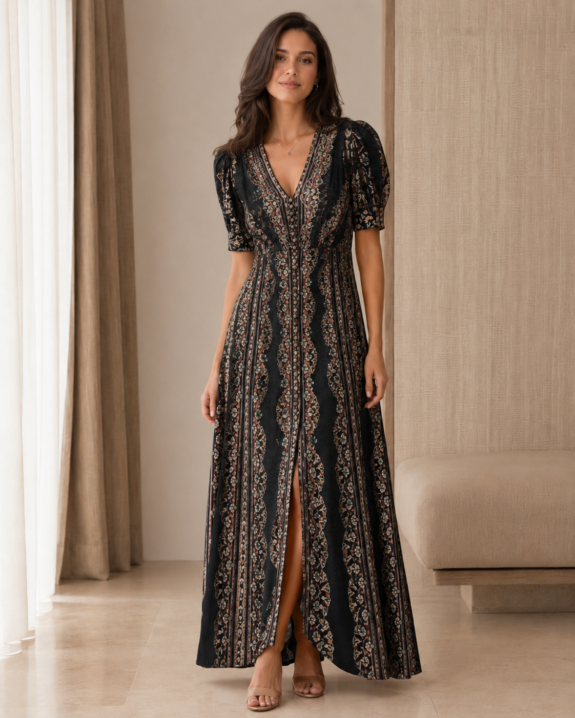 Front view of black printed puff sleeve V-neck maxi dress with front slit