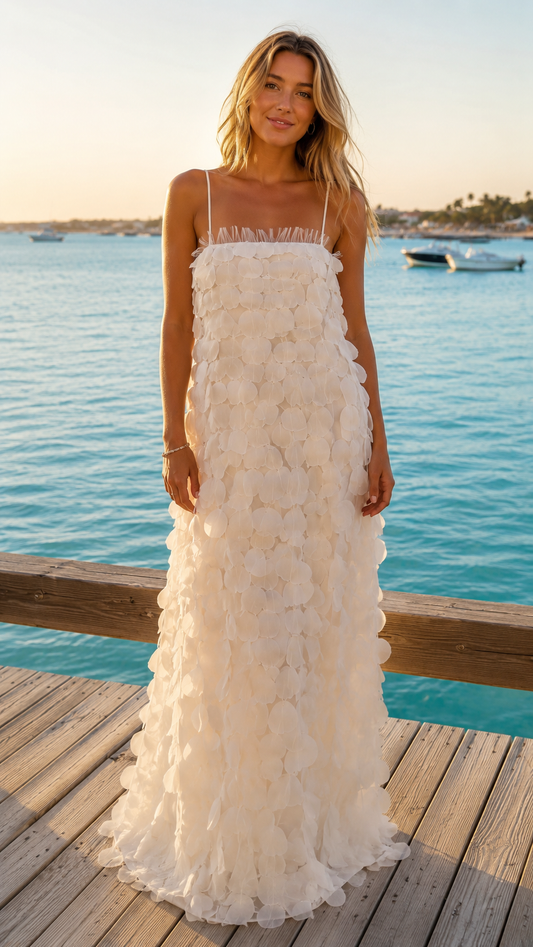 Ivory textured maxi dress with spaghetti straps and floral appliqué front view