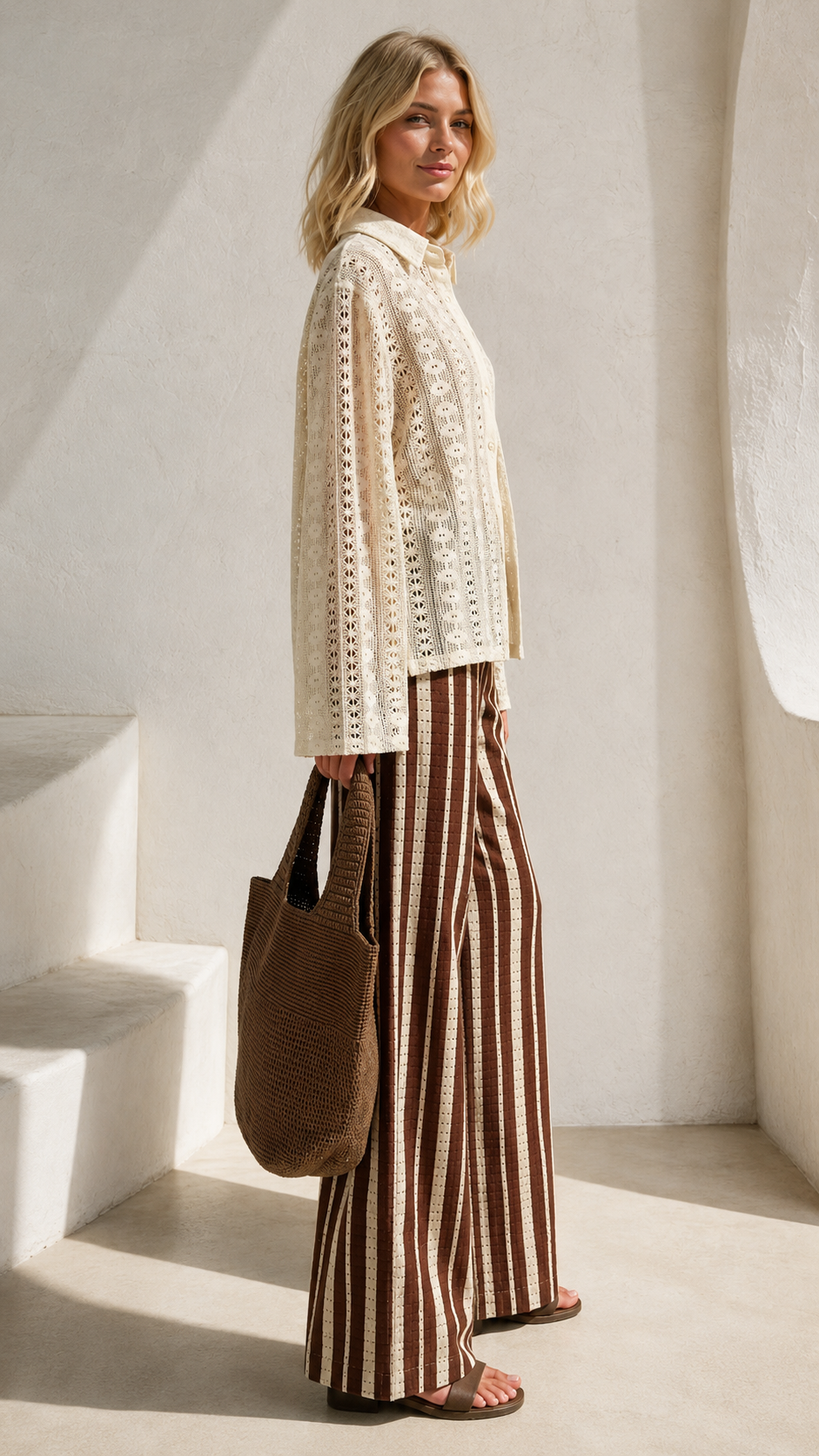 Side view of cream lace-look button-front shirt with brown and cream striped wide leg pants