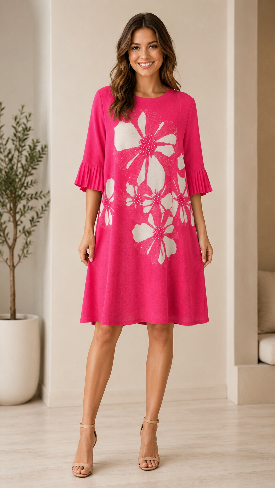 Women's hot pink floral A-line dress with pleated 3/4 sleeves front view
