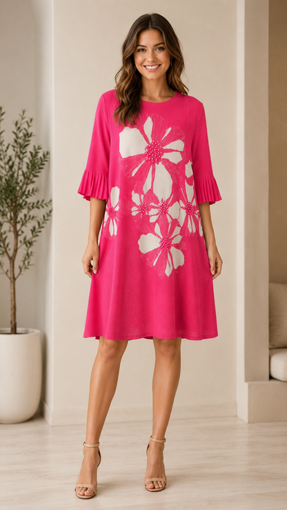 Women's hot pink floral A-line dress with pleated 3/4 sleeves front view