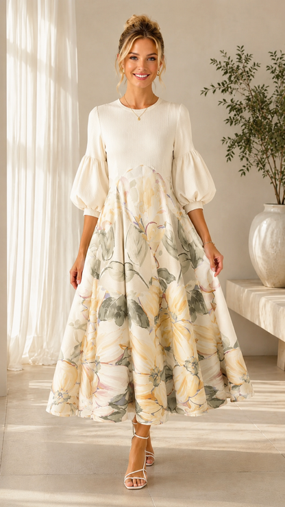 Cream floral puff sleeve full skirt dress front view