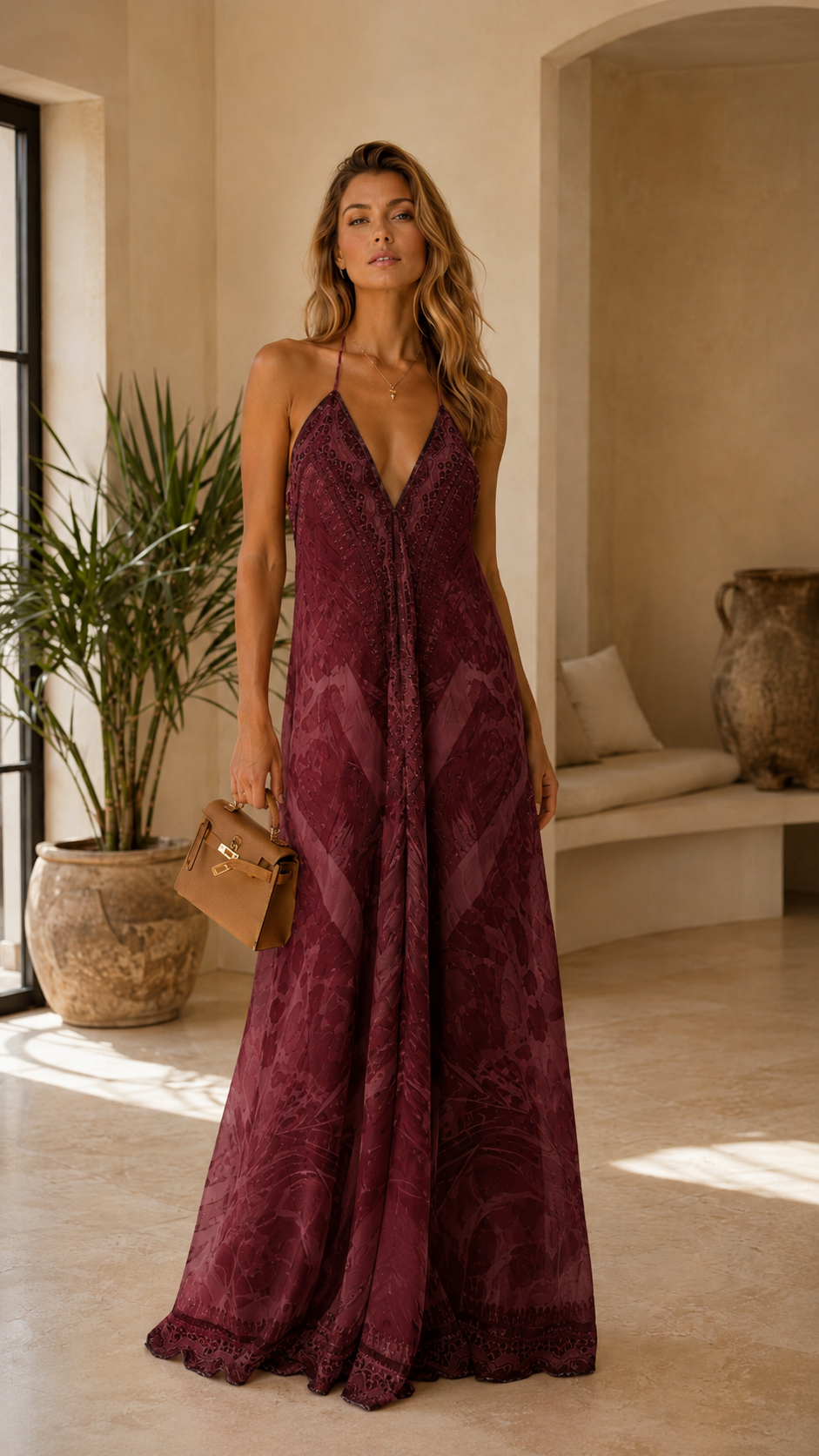 Front view of burgundy deep V halter maxi dress with relaxed drape