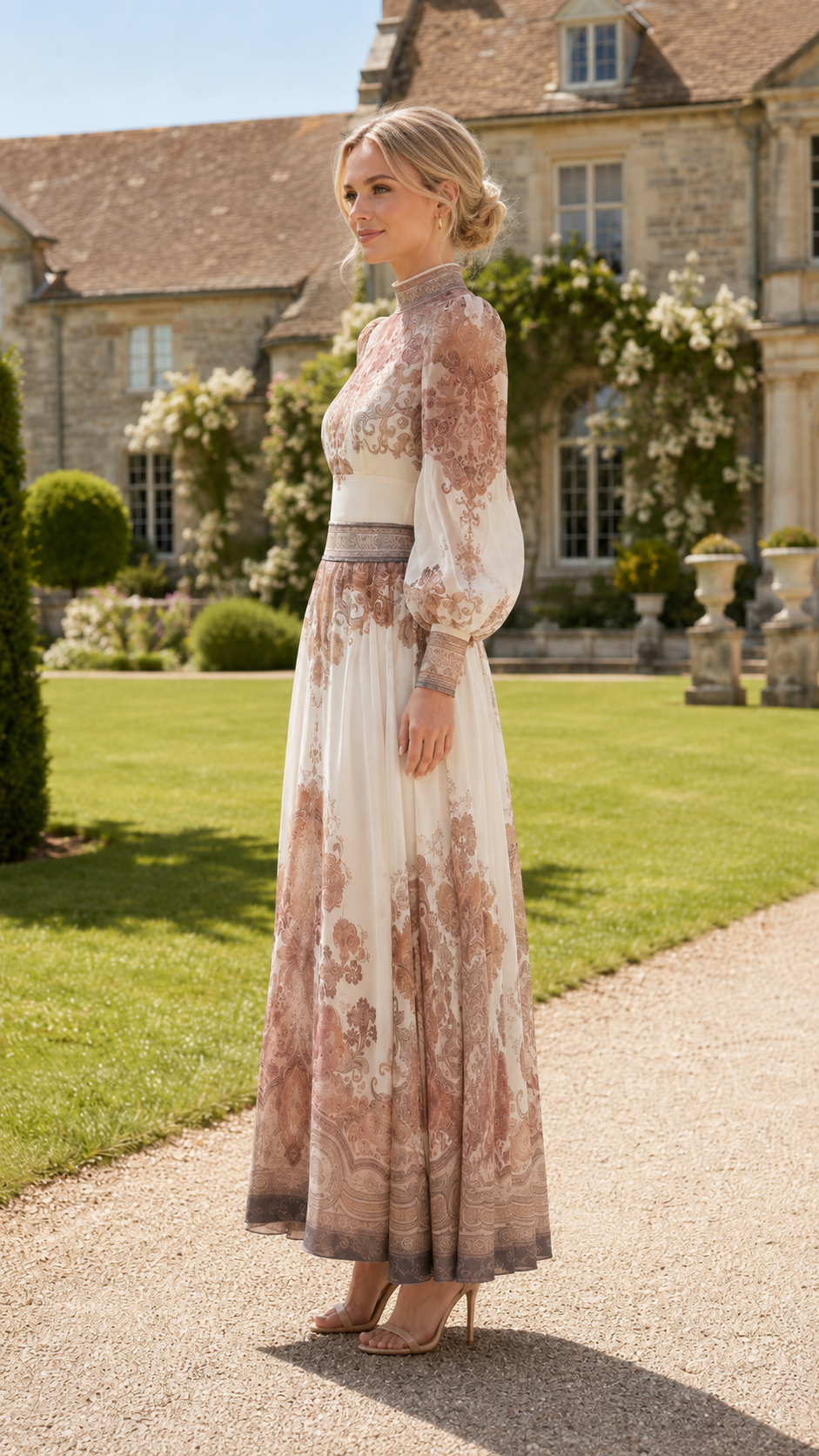 Side view of ivory high neck maxi dress with blush-toned ornate print and sheer long sleeves