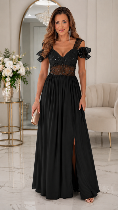Black sequin bodice cold shoulder maxi evening dress with front slit