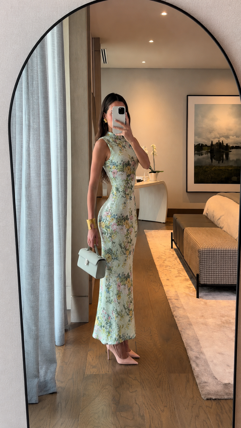 Side view of mint floral sleeveless bodycon long dress