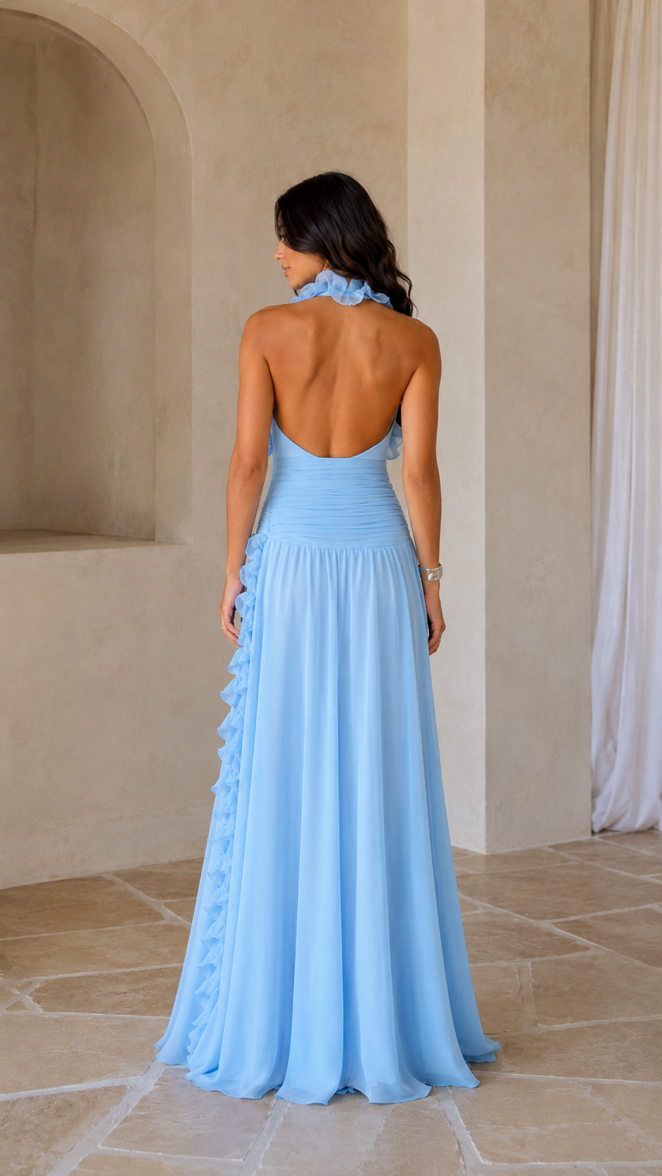 Sky blue ruffle halter maxi dress back view with open back