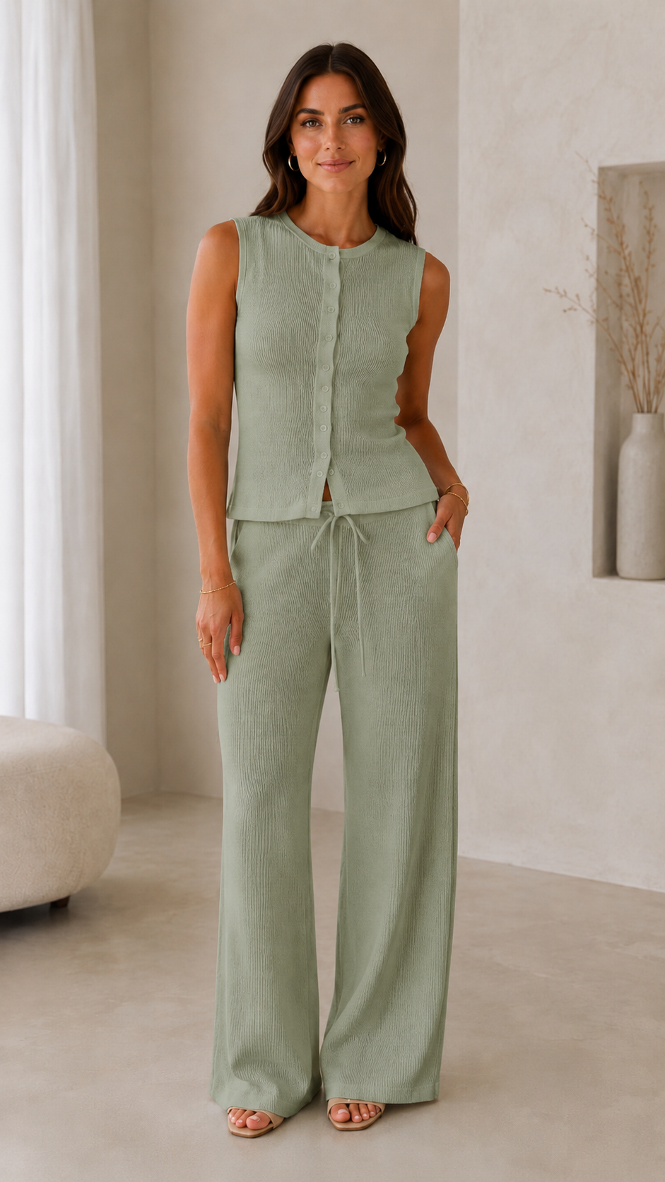 Model wearing a sage ribbed sleeveless button-front top with matching wide-leg drawstring pants