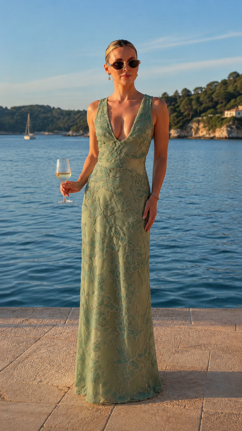 Front view of sage deep V-neck embellished lace maxi evening dress