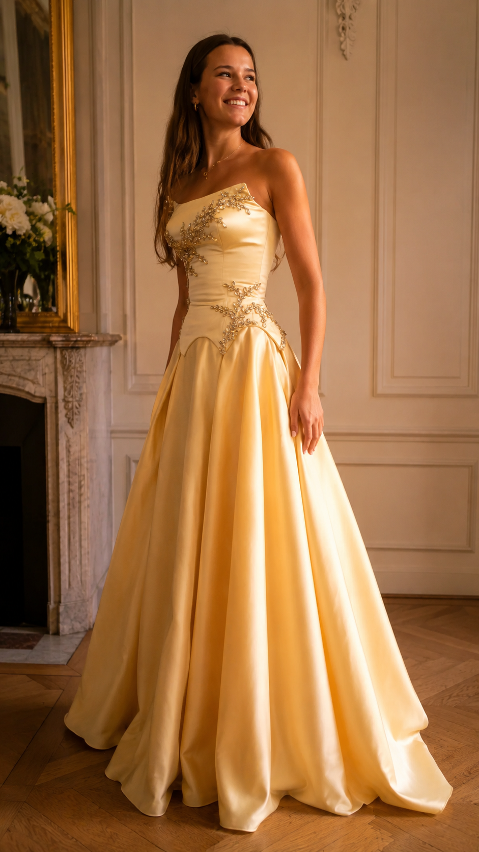 Champagne formal ball gown with beaded bodice and full skirt angled front view