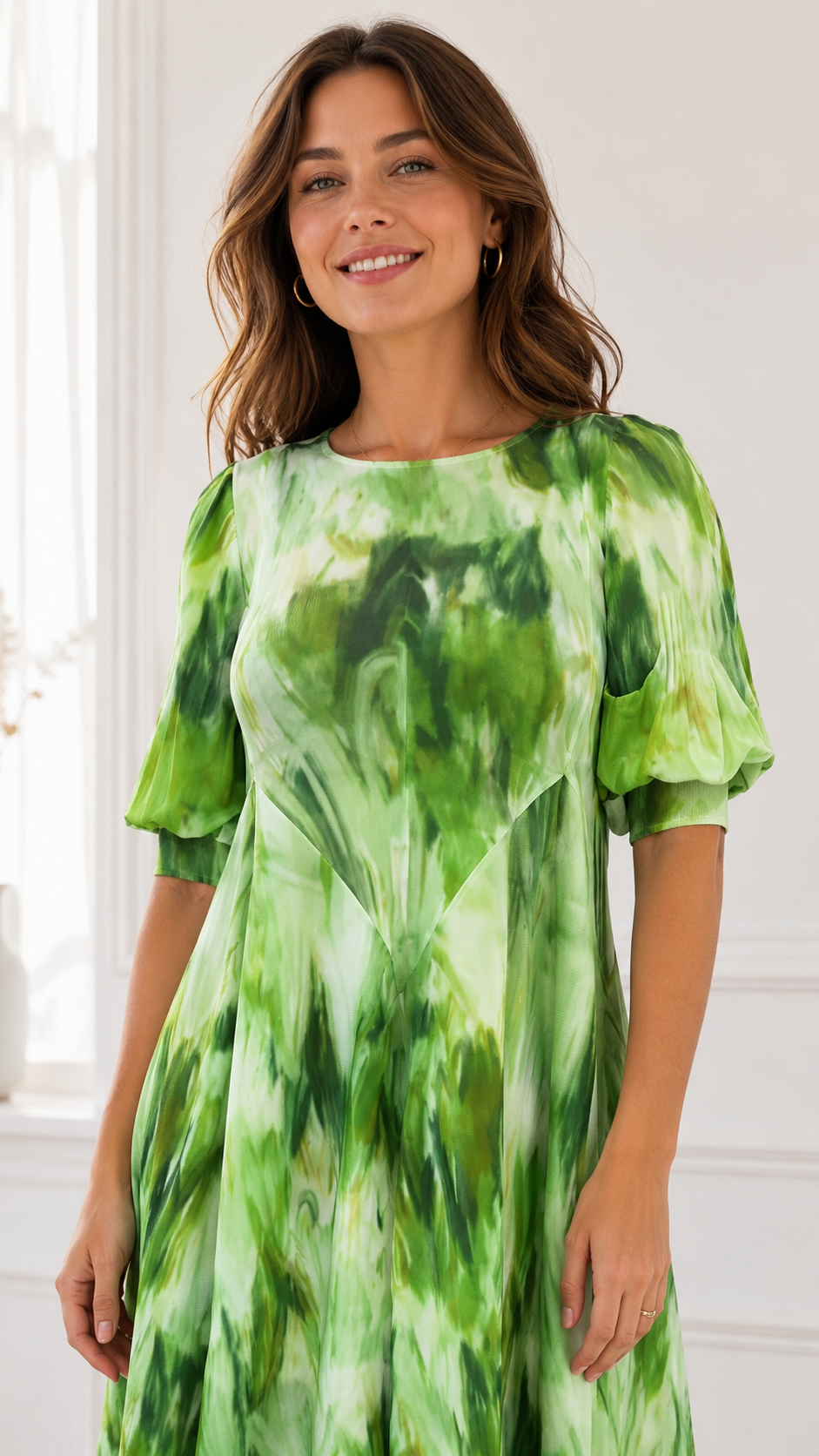 Close-up front view of lime green tie-dye midi dress with round neckline