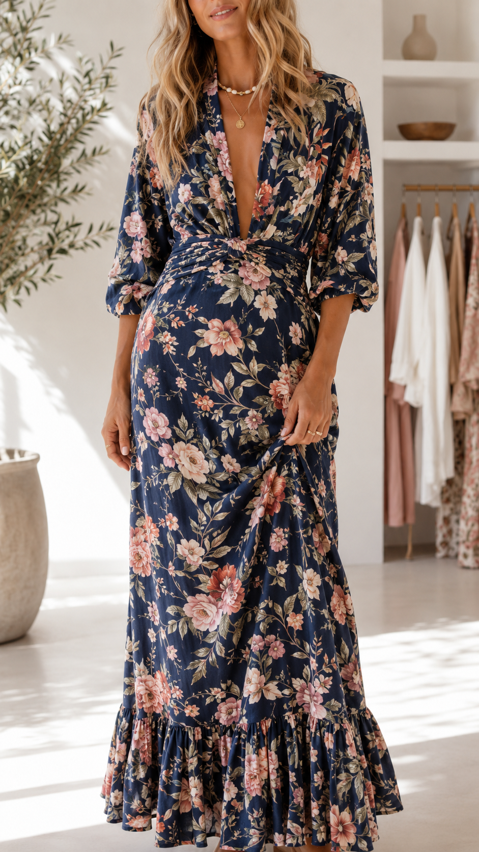 Navy floral maxi dress with ruched waist shown from the front