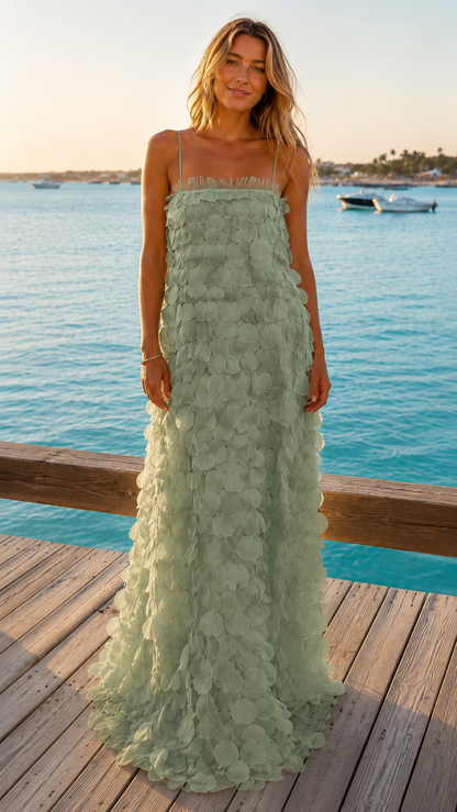 Sage green textured maxi dress with spaghetti straps and floral appliqué front view