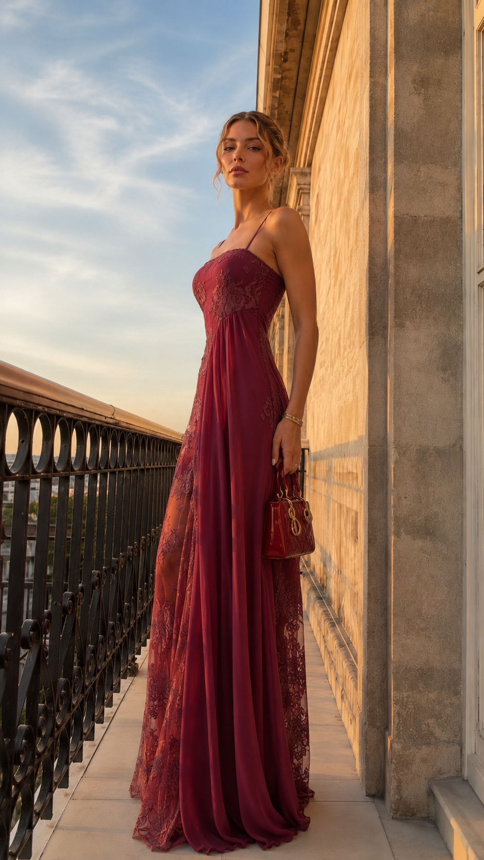 Model wearing burgundy lace overlay spaghetti strap maxi evening dress front view
