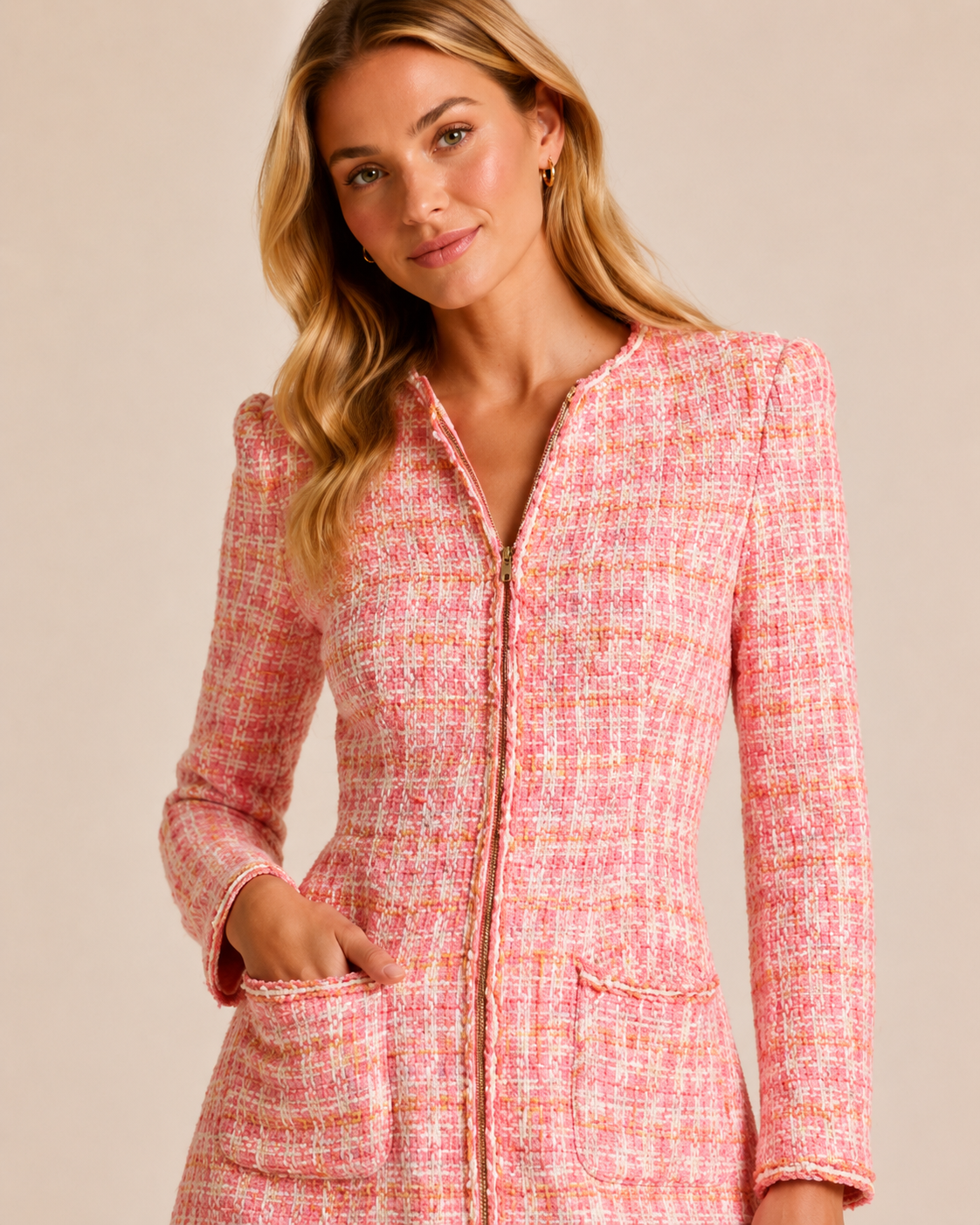 Close-up of pink textured tweed-style mini dress showing zip front and patch pocket detail