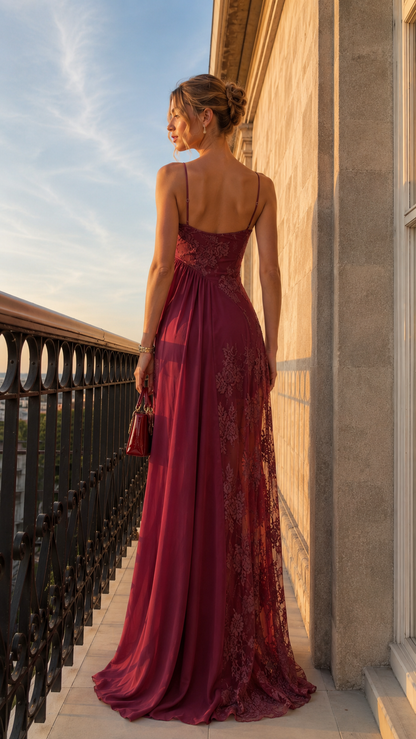 Back view of burgundy lace overlay spaghetti strap maxi evening dress