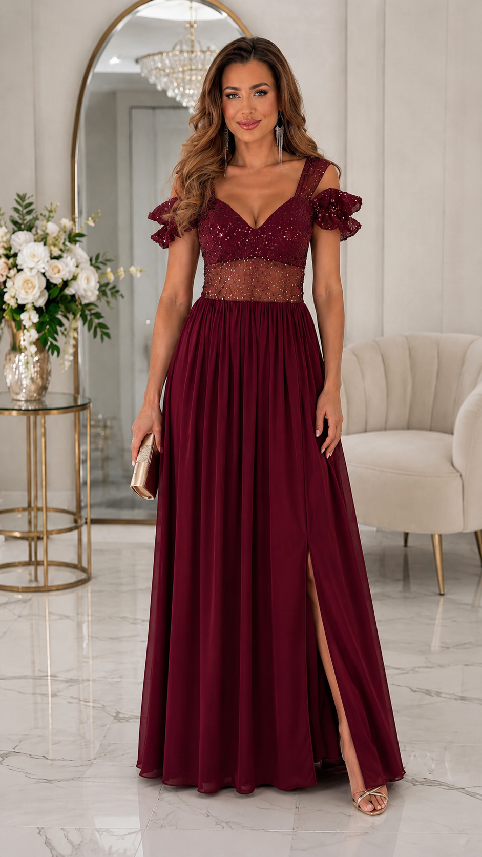 Burgundy sequin bodice cold shoulder maxi evening dress with front slit