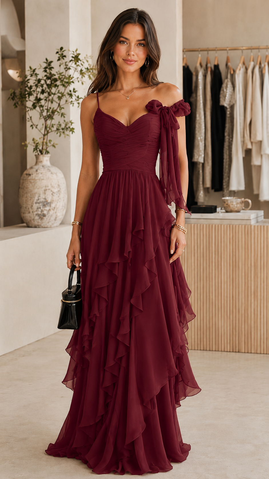Front view of burgundy one-shoulder ruffle maxi dress with ruched bodice