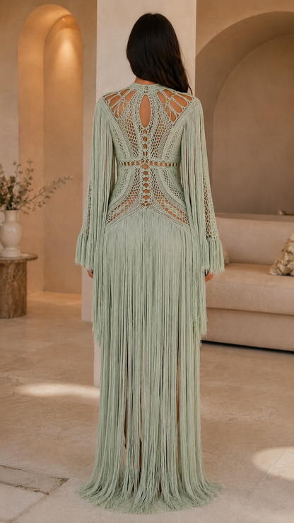 Sage fringe crochet maxi dress cover-up back view with openwork pattern and keyhole detail