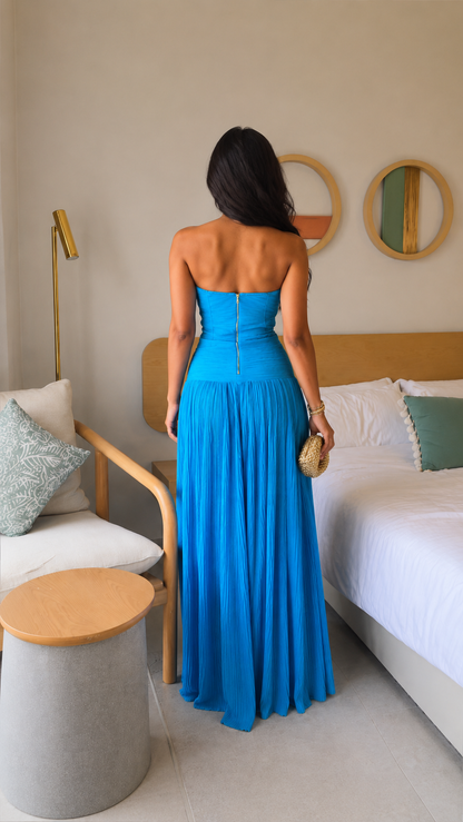 Turquoise strapless pleated maxi dress back view with zipper detail