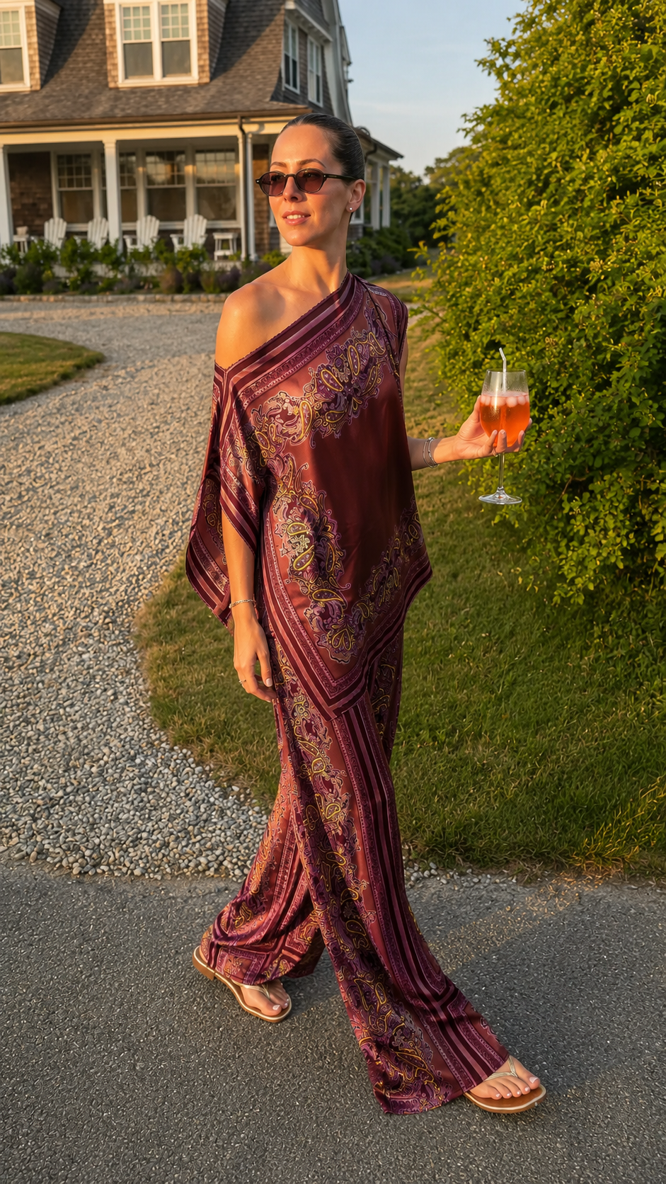 Model wearing wine printed one-shoulder matching top and wide leg pants outdoors