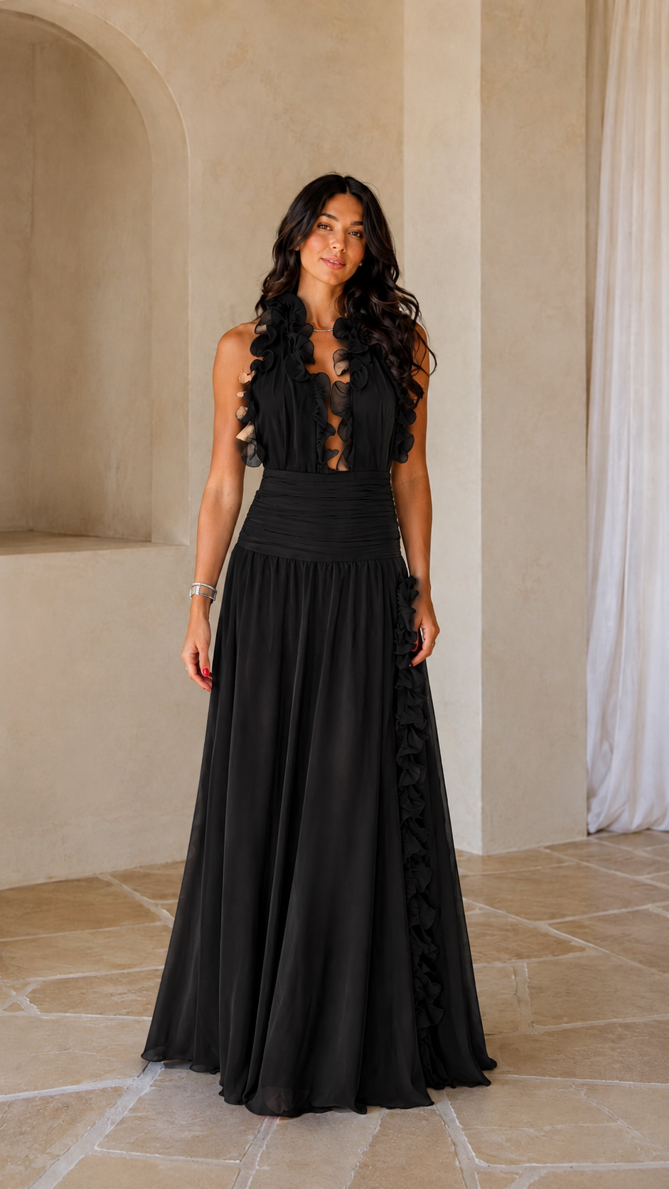Black ruffle halter flowing maxi dress front view